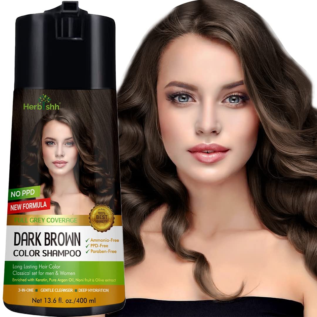 Herbishh Hair Colour Shampoo (Dark Brown, 400ml)- No PPD & Ammonia Hair Color for Women & Men || hair color for women